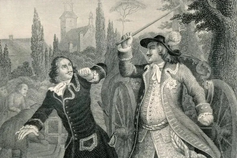 Peter I raises his cane at Alexander Menshikov — a nineteenth-century engraving.
