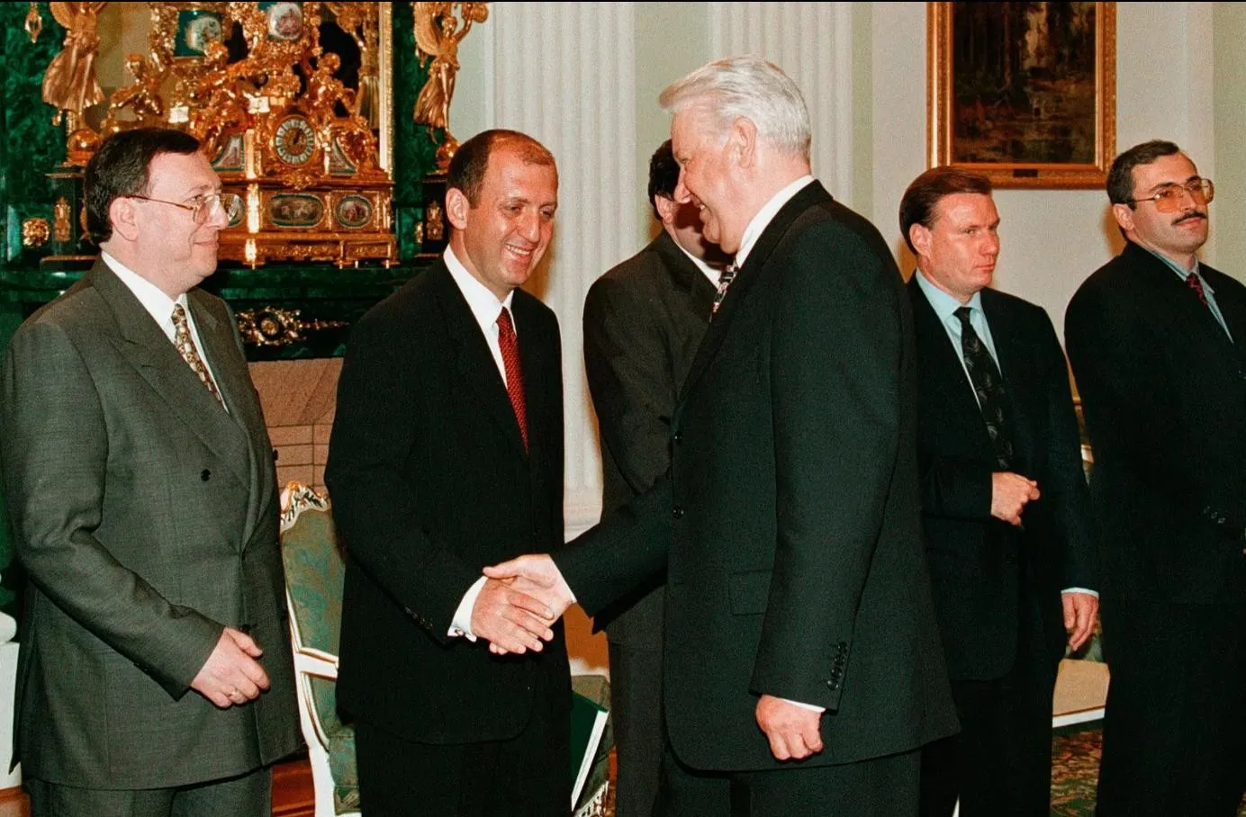 Boris Yeltsin meeting Russia’s biggest bankers and businessmen, dubbed the “semibankirshchina” — the “rule of the seven bankers” — by the press.